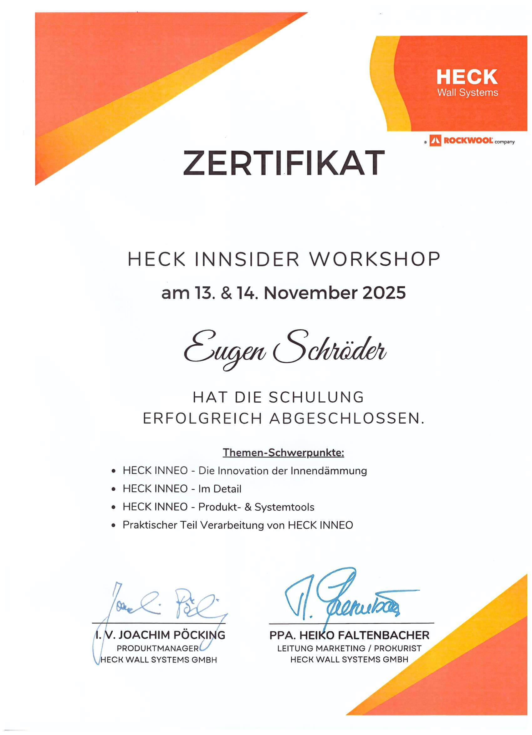 Zertifikat von Maler Schröder als zertifizierter Verarbeiter für Innendämmung in Schloss Holte Stukenbrock