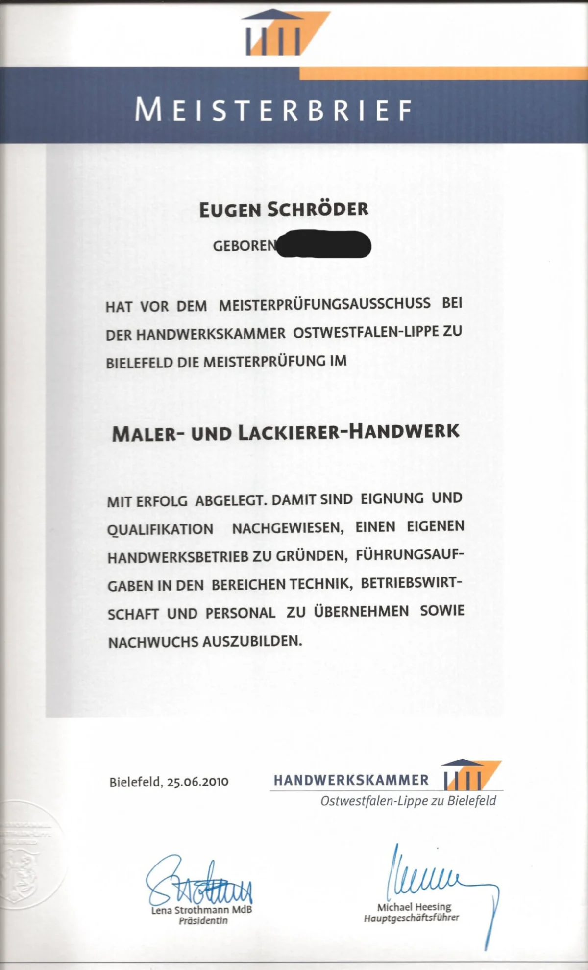 Meisterbrief als Qualifikationsnachweis Malermeister Schröder