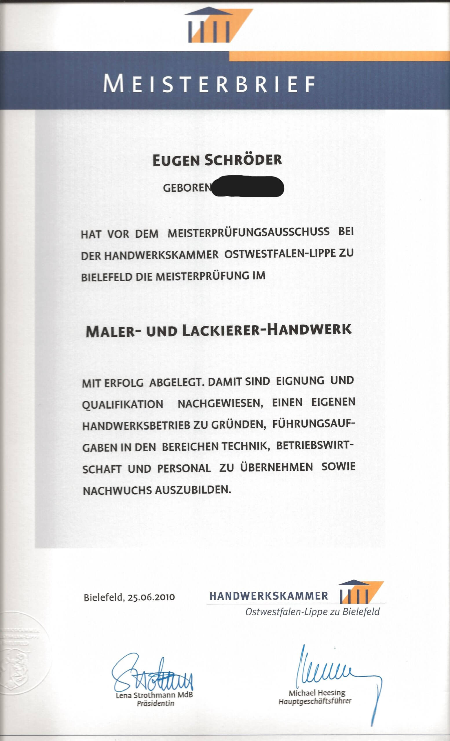 Meisterbrief von Malermeister Eugen Schröder, eingetragener Maler und Bodenlegerbetrieb in Schloss Holte-Stukenbrock für Bielefeld und Umgebung