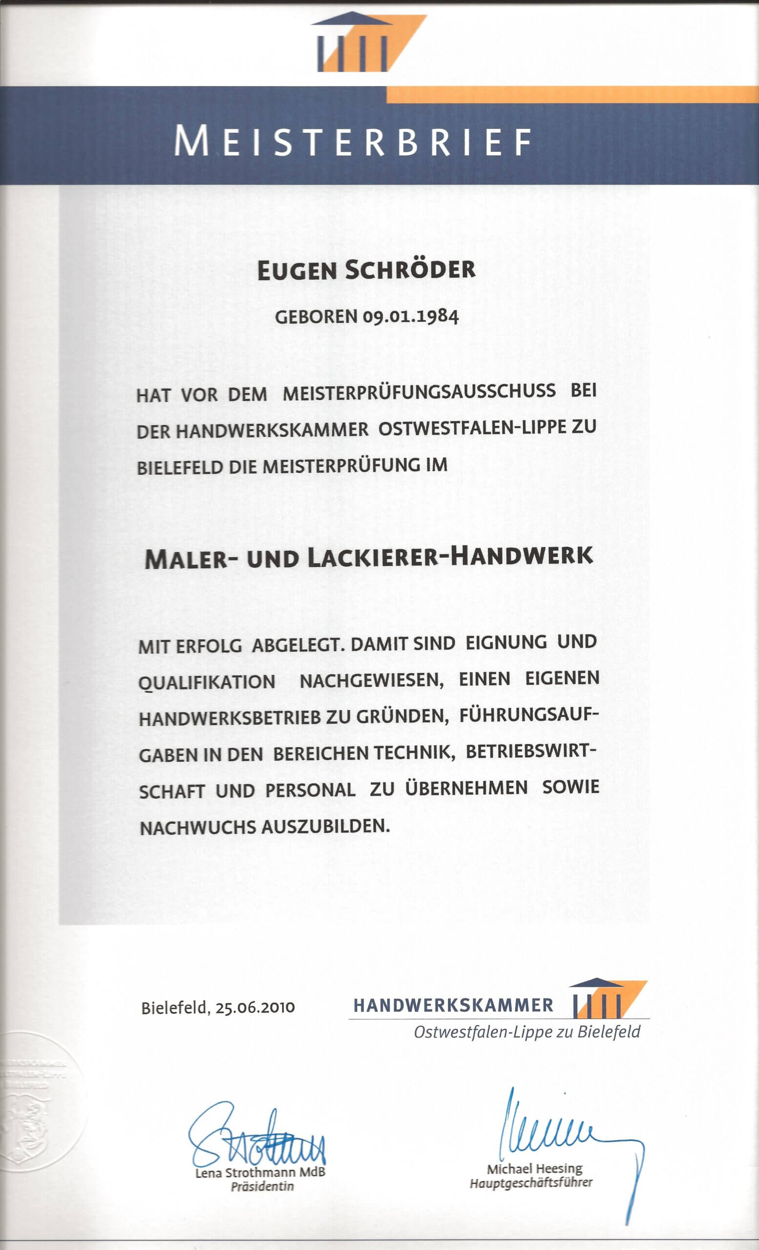 Zertifizierter Malermeister Eugen Schröder, Meisterbrief im Maler und Lackiererhandwerk