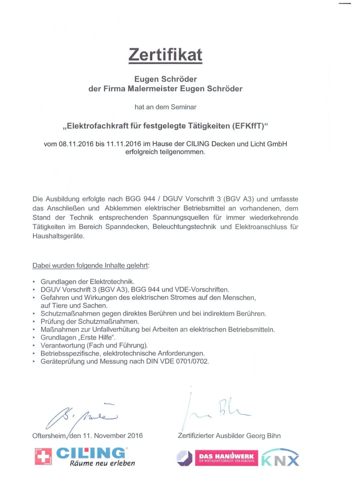 Zertifikat Elektrofachkraft für festgelegte Tätigkeiten bei Maler Schröder