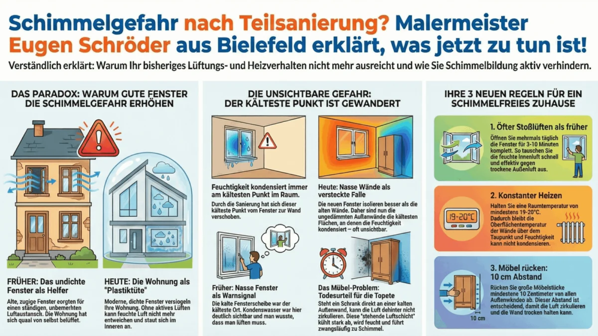 Ratgebergrafik zum richtigen Lüften und Heizen nach Sanierung