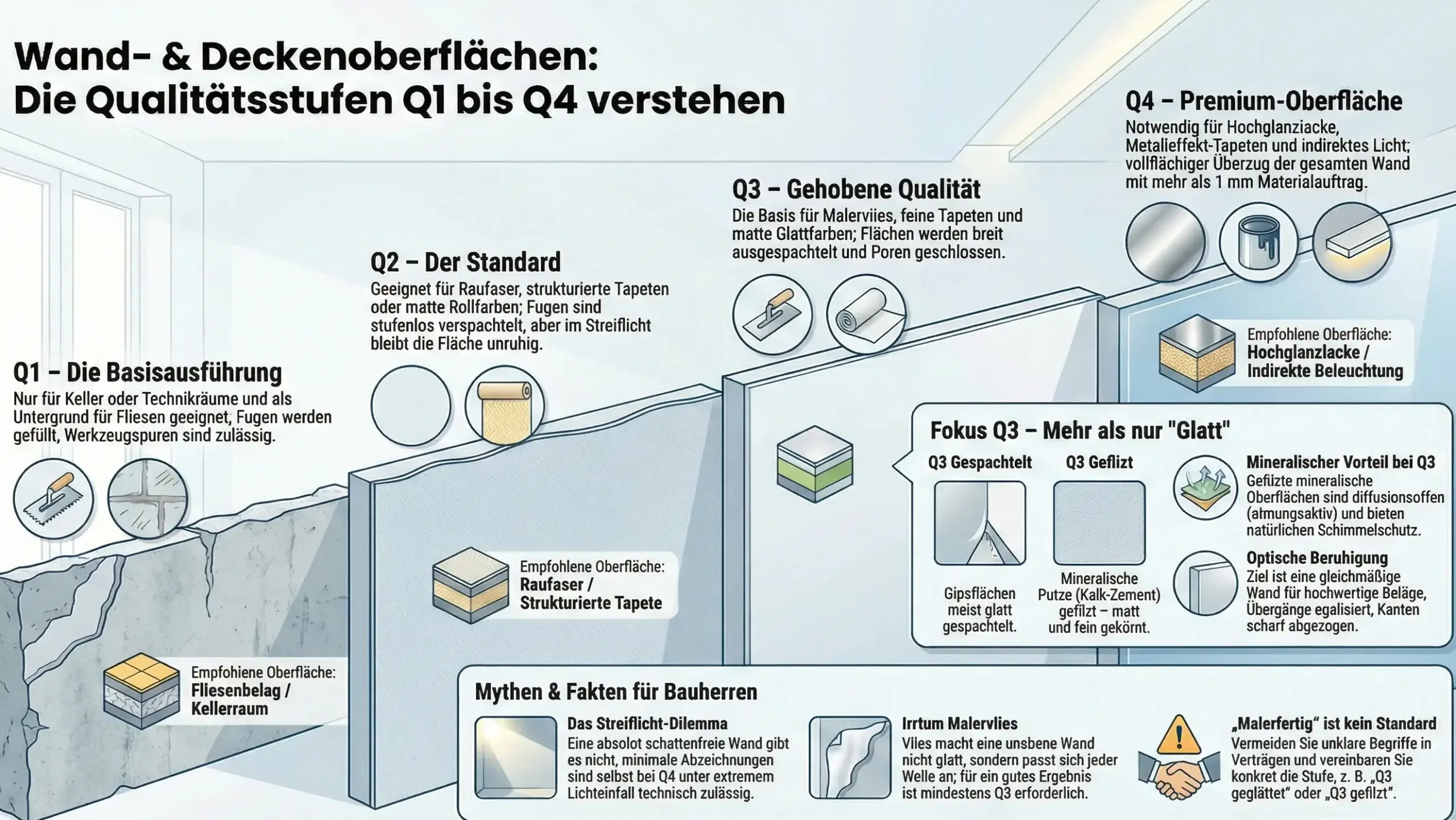 Übersicht der Qualitätsstufen Q1 bis Q4 für Wand- und Deckenoberflächen im Innenausbau